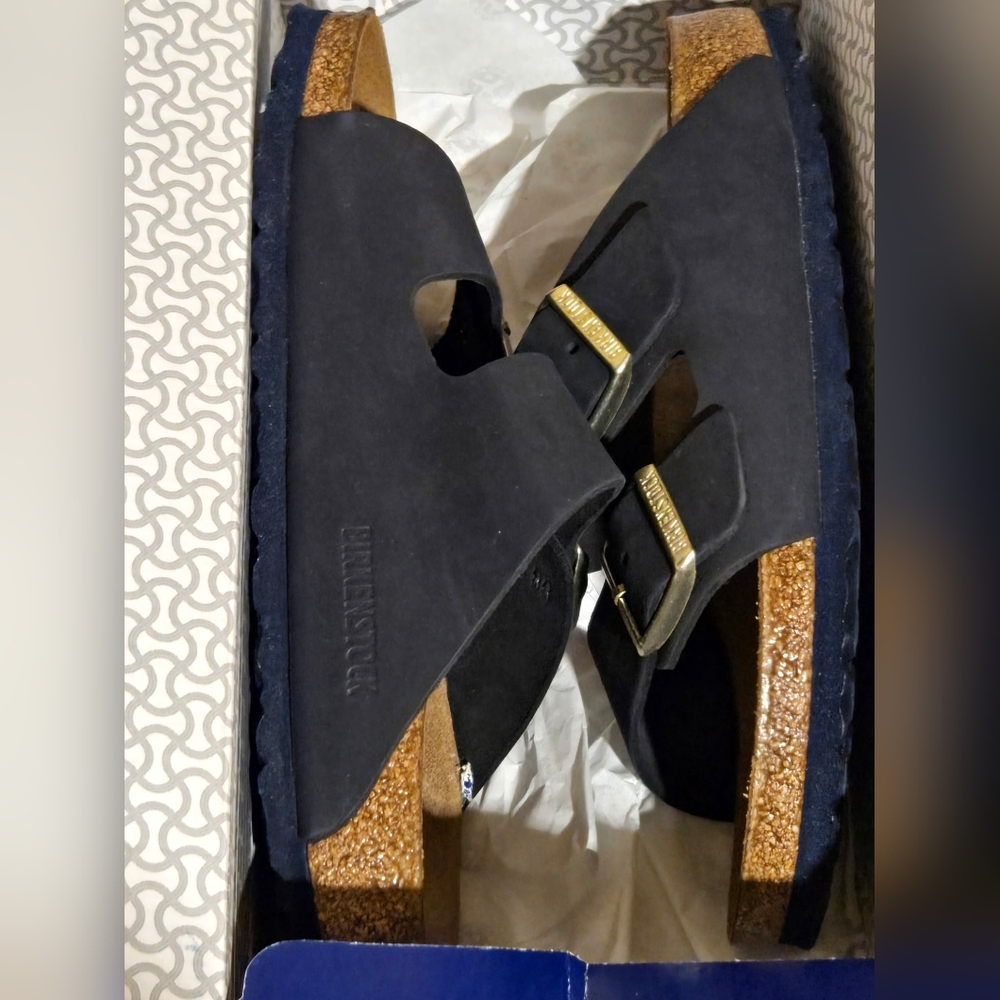 Birkenstock Women's Navy Sandals with Gold Buckles